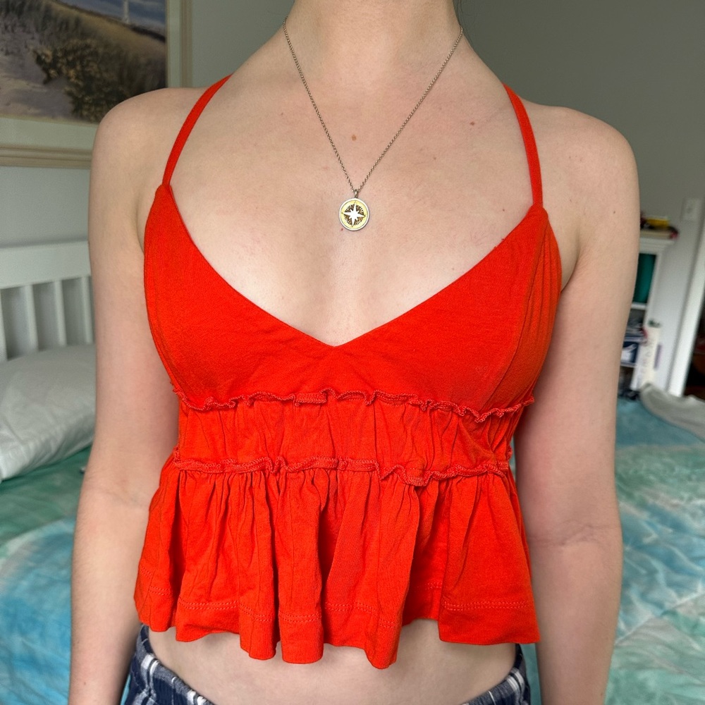 Silence + Noise Red Ruched Ruffled Camisole